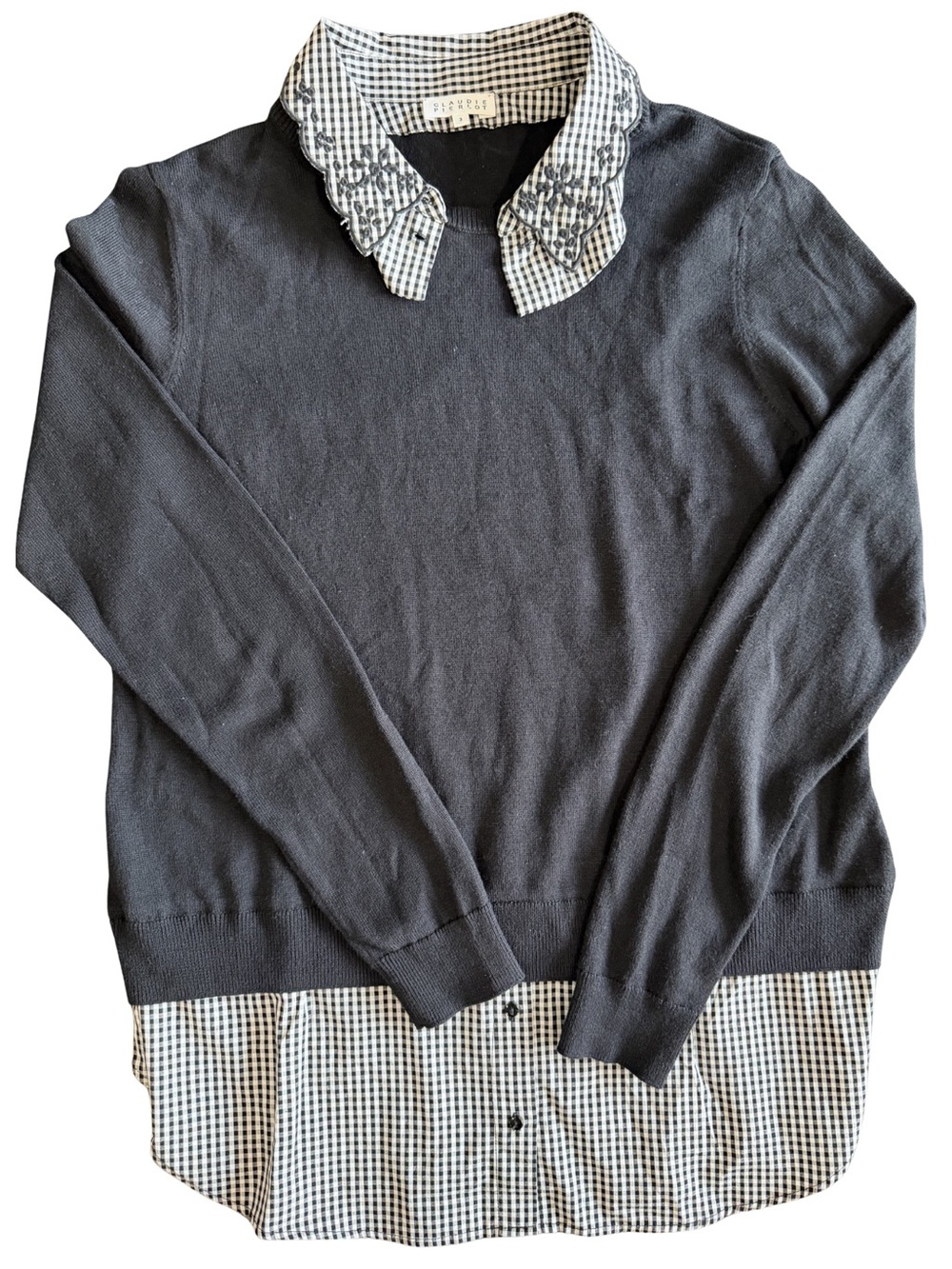 Claudie Pierlot Layered Sweater Blouse Size 3 Black Gingham Embroidered Collar